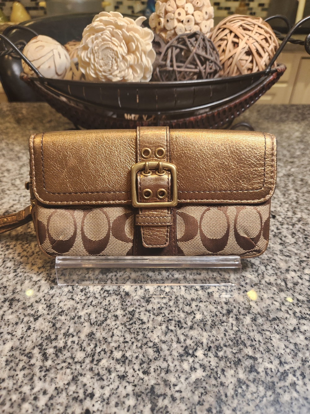 Coach Vintage Special Edition Soho Sig Canvas and Metallic Gold Leather Wristlet
